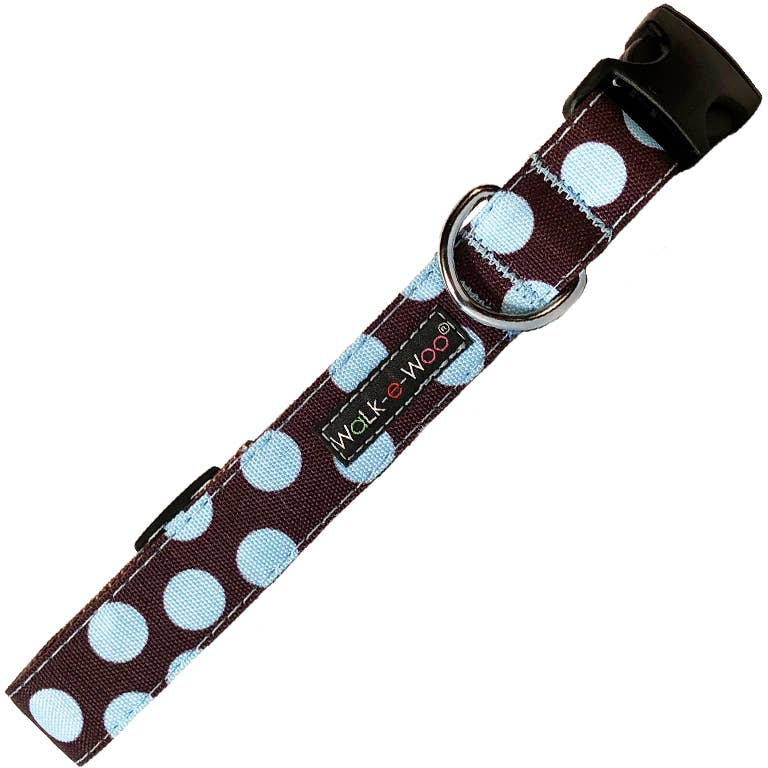 Walk-E- Woo Blue on Brown Dot (collars & accessories)